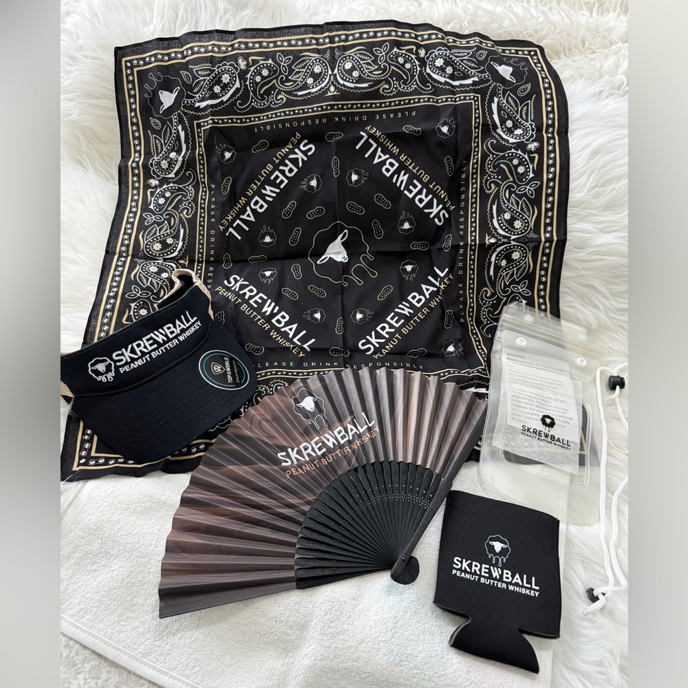 Screwball Whiskey waterproof phone bag, koozie, visor, fan & bandana bundle